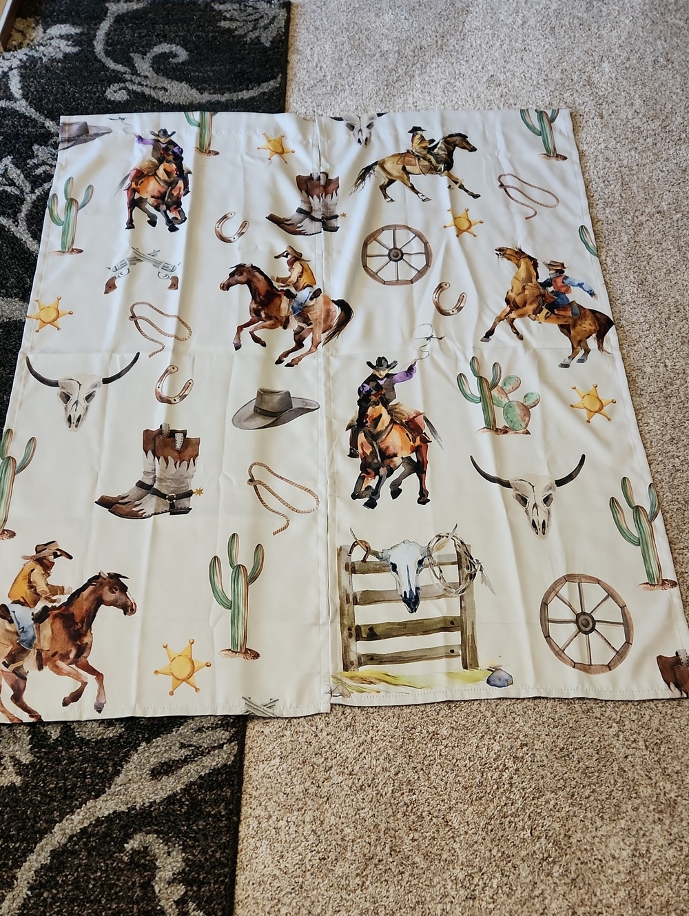 Source Unknown Cowboy Western Print Fabric Panel in White, Brown, Green